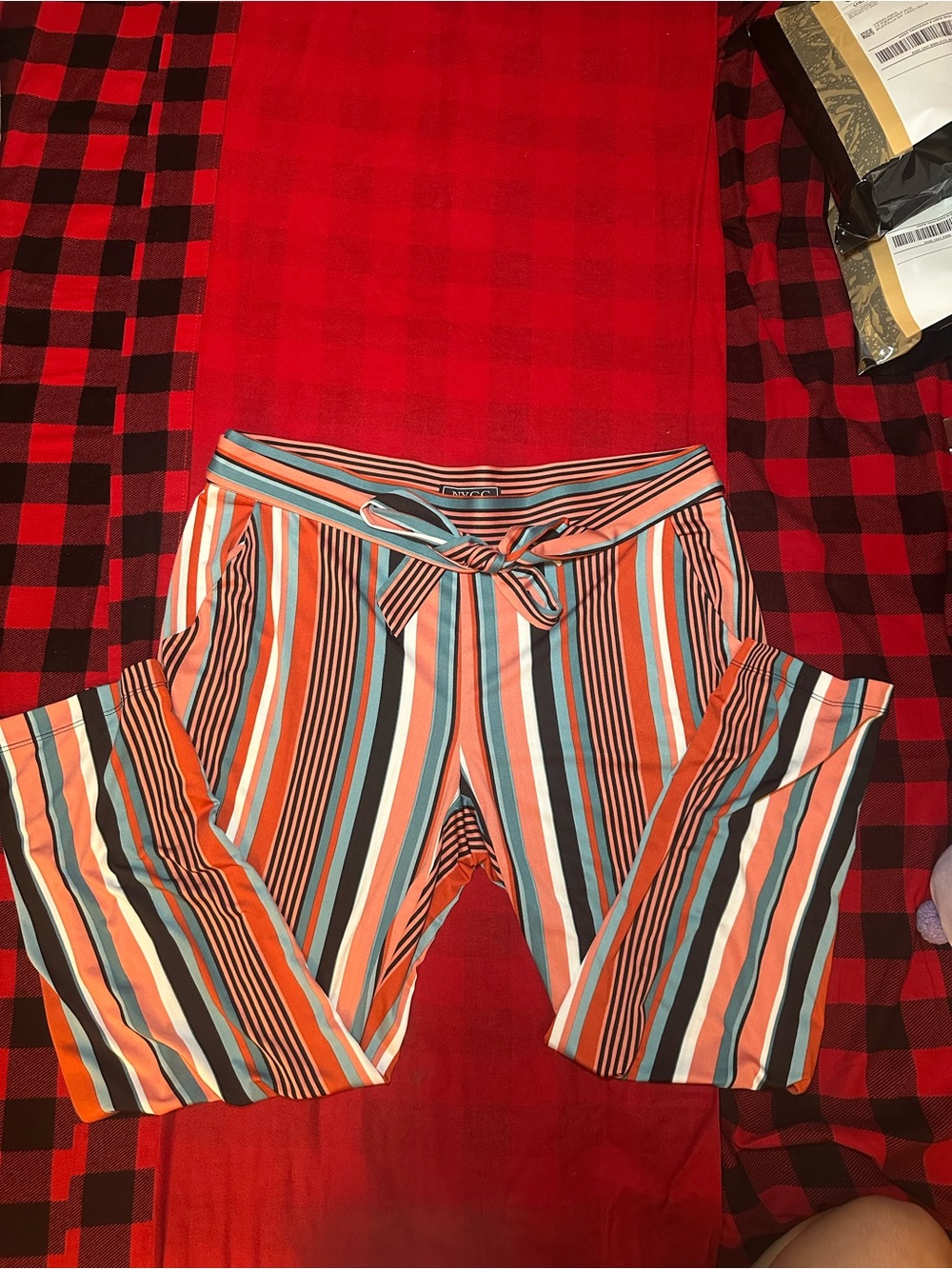 NYC Striped Tie-Waist Leggings - Orange, Blue, White, Black
